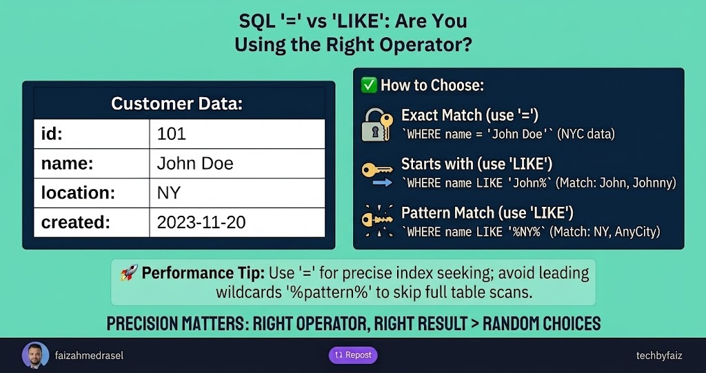 𝗪𝗵𝗲𝗻 𝘁𝗼 𝗨𝘀𝗲 𝗘𝗾𝘂𝗮𝗹𝘀 (=) 𝘃𝘀. 𝗟𝗜𝗞𝗘 𝗶𝗻 𝗦𝗤𝗟 𝗤𝘂𝗲𝗿𝗶𝗲𝘀